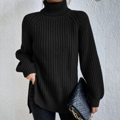 Turtleneck Pullover Sweater With Split Design