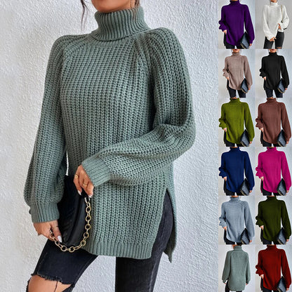 Turtleneck Pullover Sweater With Split Design